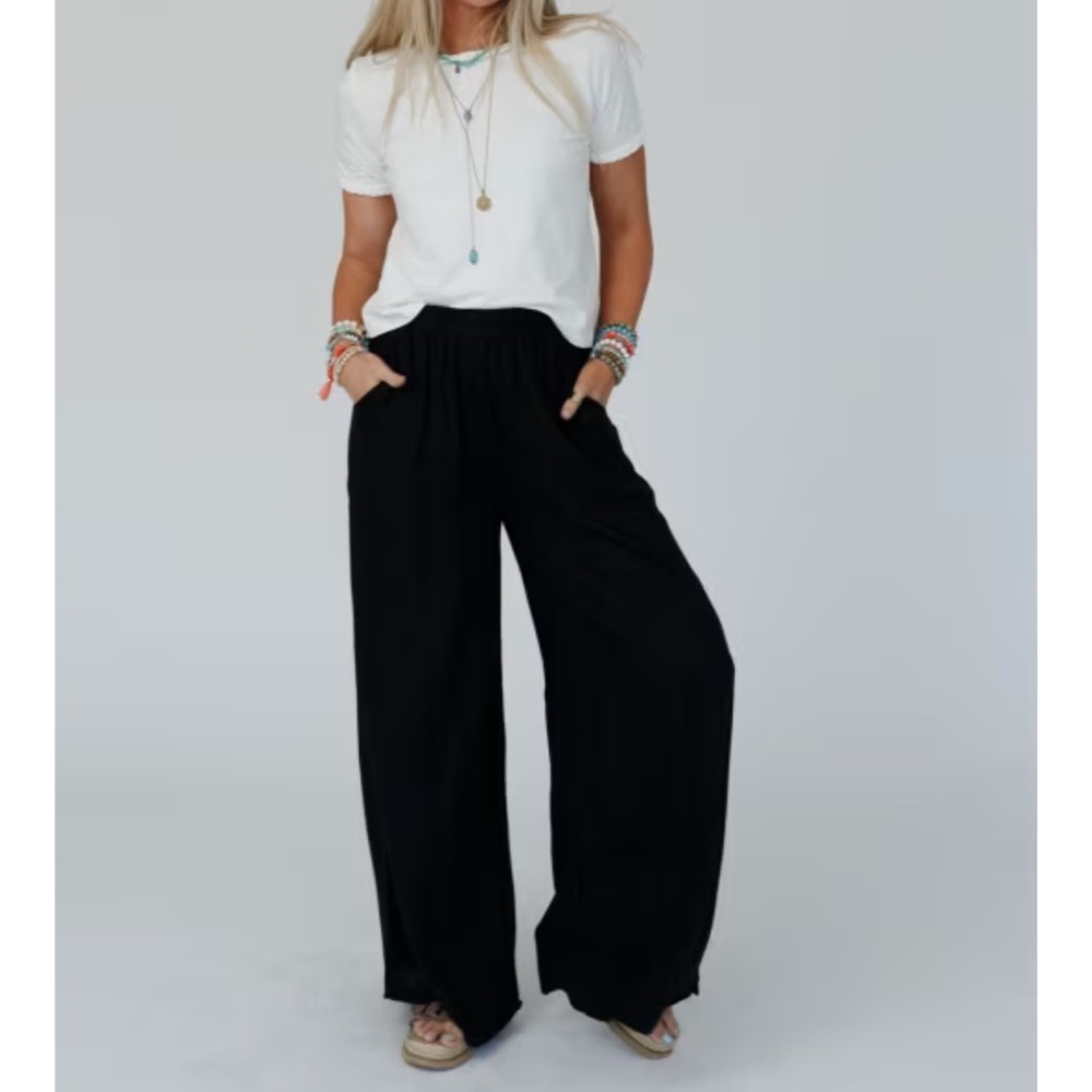 Three Bird Nest Black Wide Leg Elastic Waist Pants